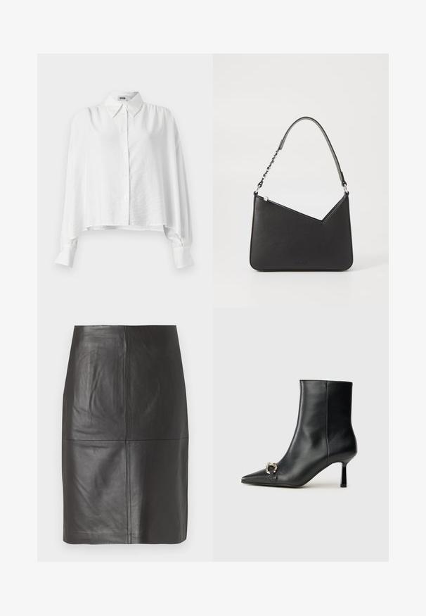 Hvit skjorte med knapper og avslappet passform, har spredt krage, lange ermer og en lett cropped hem. Glatt, lett stoff.; Svart skinnskjørt med en glatt tekstur, med vertikale sømmer og rette linjer. Ingen synlig maskinvare eller detaljer.; Sorte lær ankle boot med spiss tå, slank mid-høyde hæl og sølvspenne på siden mot en enkel bakgrunn.; Svart lærveske med trekantet form, en slank stropp og sølvfarget detaljer. Har glidelåslukking og preget logo på forsiden.