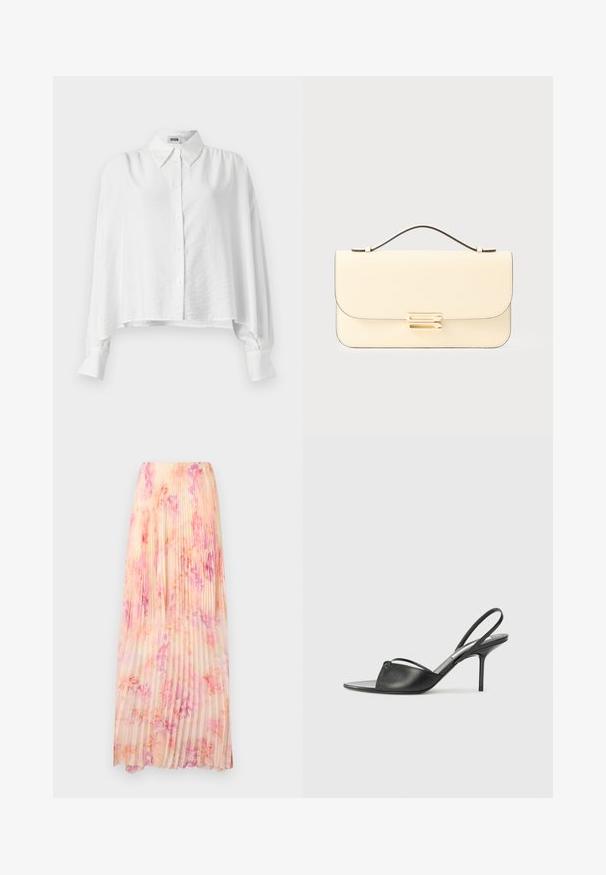 Camicia bianca con bottoni, dal fit rilassato, con colletto aperto, maniche lunghe e orlo leggermente accorciato. Tessuto liscio e leggero.; Gonna maxi plissettata in tessuto morbido e leggero, con un motivo floreale pastello nelle tonalità di rosa e lavanda. Vita elasticizzata e design fluido.; Tacchi slingback in pelle nera con punta affusolata, sottile cinturino alla caviglia e tacco a spillo. Presenta un dettaglio annodato sulla tomaia.; Borsa in pelle color crema con manico superiore e chiusura rettangolare in tonalità dorata su uno sfondo chiaro e semplice.