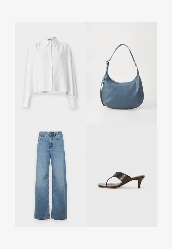 White button-up shirt with a relaxed fit, featuring a spread collar, long sleeves, and a slightly cropped hem. Smooth, lightweight fabric.; Light blue wide-leg jeans made of denim, featuring a high waist, front pockets, and a classic five-pocket design, with subtle fading.; Brown faux snakeskin heeled sandals with a thong design and a square toe. The heel is approximately 2 inches tall, with a smooth finish.; Blue leather handbag with a rounded shape, single shoulder strap, zip closure, and embossed brand name on the front. Smooth texture.