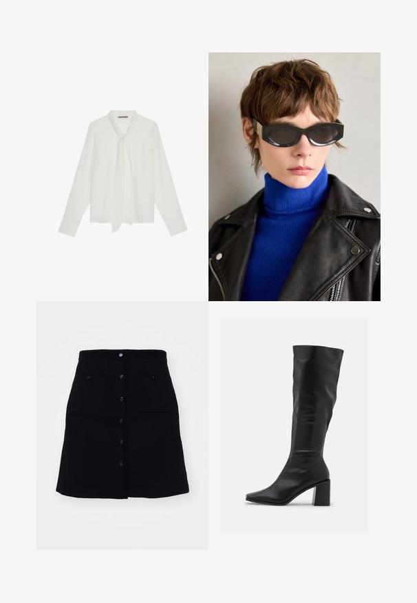 Blusa bianca a maniche lunghe in tessuto morbido, con un nodo al collo e polsini sagomati. Design semplice e classico senza fantasie.; sandro JUPE TRAPEZE POCHES - Gonna a campana - noir; RAID BLICK - Stivali alti - black; Occhiali da sole neri con bordi arrotondati e lenti oscurate. Presentano dettagli in oro sulle asticelle. Indossati con un dolcevita blu a coste e una giacca di pelle.