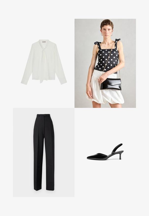 Blusa bianca a maniche lunghe in tessuto morbido, con un nodo al collo e polsini sagomati. Design semplice e classico senza fantasie.; Pantaloni neri a vita alta con pieghe, caratterizzati da un design sartoriale e gambe dritte. Realizzati in un tessuto morbido, con dettagli minimi.; Décolleté in vernice nera con punta affusolata, tacco a stiletto basso e un design elegante e semplice senza decorazioni.; Top bianco e nero a pois con spalline a fiocco, indossato con una gonna vaporosa bianca texturizzata, mentre tiene una pochette rettangolare nera lucida.; Orecchini color oro con una forma organica simile a un fagiolo e una superficie liscia e riflettente; presentano un design minimalista senza hardware visibile.