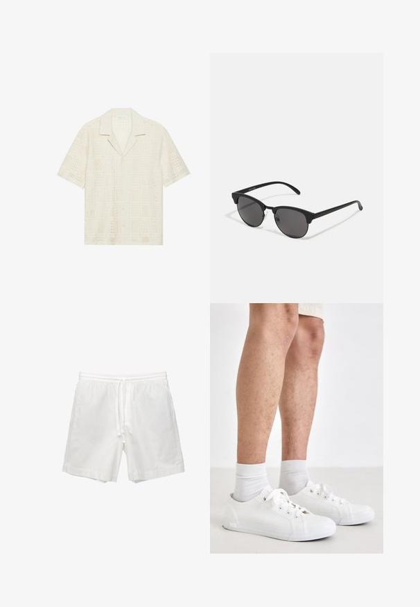Košile s krátkým rukávem ze světle krémové látky, s texturovaným perforovaným designem se čtvercovými vzory a špičatým límcem.; Bílé bavlněné šortky s elastickým pasem na šňůrku, bočními kapsami a rovnými nohavicemi s obroubenými lemy.; Bílé plátěné tenisky s gumovými podrážkami, s kulatými tkaničkami a oky, doplněné bílými ponožkami. Částečně viditelné nohy stojí na světlém povrchu.; Černé sluneční brýle s kulatými skly, matným povrchem a charakteristickým tvarovým kočičím okem. Úzké nožičky s nenápadným logem na levém rámu.