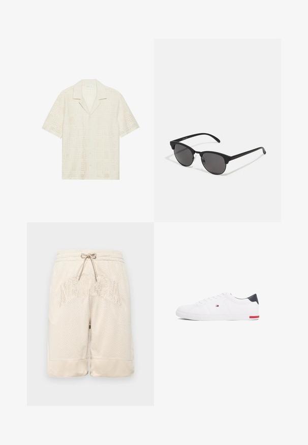 Koszula z krótkim rękawem w jasnym kremowym kolorze, z teksturowanym, perforowanym wzornictwem w kwadratowe wzory oraz z kołnierzykiem w kształcie punktu.; Beżowe szorty siatkowe o fakturowanej powierzchni, z elastycznym pasem na sznurku i wyraźnym haftem logo "NEWERA" z przodu.; Białe niskie tenisówki wykonane z gładkiej skóry. Posiadają granatowy zapiętek i czerwony akcent na podeszwie. Sześć oczek na sznurowadła.; Czarne okulary przeciwsłoneczne z okrągłymi soczewkami, matowym wykończeniem i charakterystycznym kształtem kota. Smukłe ramiona z subtelnym logo na lewym skroniu.