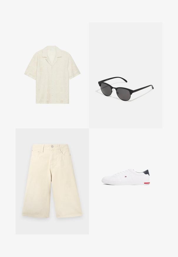 Īsām piedurkņu krekls no gaiši krēmveida auduma, ar teksturētu, perforētu dizainu, kurā redzami kvadrāta raksti un norādītā apkakle.; Bēšas platajās šortos, kas izgatavoti no kokvilnas, ar klasisku piecu kabatu dizainu, priekšpusē ir sudraba metāla poga un rāvējslēdzēja aizdare.; Baltas zemu topu sporta apavus, kas izgatavoti no gludas ādas. Satura tumši zilu papēža daļu un sarkanu akcentu uz zoles. Seši caurumi šņorēm.; Melnas saules brilles ar apaļām lēcām, matēta apdare un izteiksmīga kaķa acu forma. Šaurās kājiņas ar Discreto zīmolu uz kreisā tempļa.