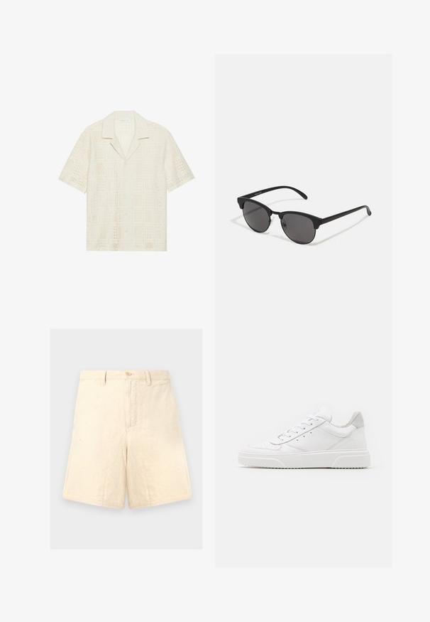 Chemise à manches courtes en tissu crème clair, présentant un design texturé et perforé avec des motifs carrés et un col pointu.; Shorts en lin beige avec une coupe ajustée, dotés d'une fermeture à bouton à l'avant, de deux poches latérales et d'une texture subtile.; Des baskets en cuir blanc avec une finition lisse, un bout rond, des lacets plats et une semelle texturée. Accents en daim gris au niveau du talon.; Lunettes de soleil noires avec des verres ronds, finition mate et une forme distinctive en œil de chat. Monture fine avec un logo discret sur la branche gauche.