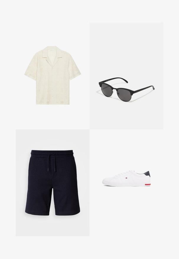 Camisa de manga corta en tejido color crema claro, con un diseño texturizado y perforado que presenta patrones cuadrados y un cuello con puntas.; Pantalones cortos azul marino con cintura elástica y cordón. Tejido texturizado con un acabado liso, con costuras laterales.; Zapatillas bajas blancas de piel suave. Presentan una capucha en el talón de color marino y un acento rojo en la suela. Seis ojales para los cordones.; Gafas de sol negras con lentes redondos, acabado mate y una distintiva forma de ojo de gato. Patillas delgadas con un sutil branding en la patilla izquierda.