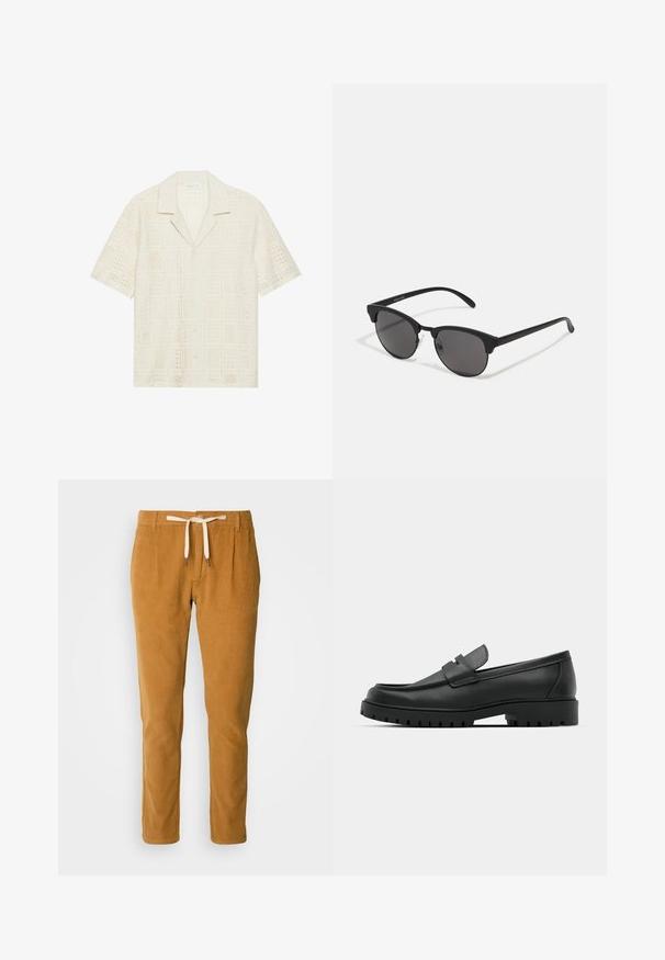 Kurzärmliges Hemd aus hellcremefarbenem Stoff, mit einem strukturierten, durchbrochenen Design mit quadratischen Mustern und einem spitzen Kragen.; Samtstoffhosen in Camel-Farbe mit strukturiertem Finish, ausgestattet mit einem Kordelzugbund und schmal zulaufenden Beinen.; Schwarze Lederloafer mit runder Zehenform, ausgestattet mit einem gesteppten Design, niedrigem Plattformsohle und einer strukturierten, genoppten Gummisohle.; Schwarze Sonnenbrille mit runden Gläsern, matter Oberfläche und markanter Cat-Eye-Form. Schlanke Bügel mit dezenter Markenkennzeichnung am linken Schläfenstück.