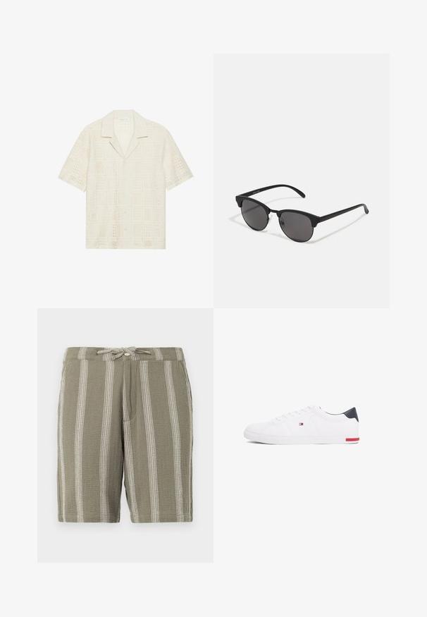 Koszula z krótkim rękawem w jasnym kremowym kolorze, z teksturowanym, perforowanym wzornictwem w kwadratowe wzory oraz z kołnierzykiem w kształcie punktu.; Zielone szorty z teksturowanej tkaniny, posiadające pionowe białe paski, regulowany ściągacz w talii oraz skośne boczne kieszenie.; Białe niskie tenisówki wykonane z gładkiej skóry. Posiadają granatowy zapiętek i czerwony akcent na podeszwie. Sześć oczek na sznurowadła.; Czarne okulary przeciwsłoneczne z okrągłymi soczewkami, matowym wykończeniem i charakterystycznym kształtem kota. Smukłe ramiona z subtelnym logo na lewym skroniu.