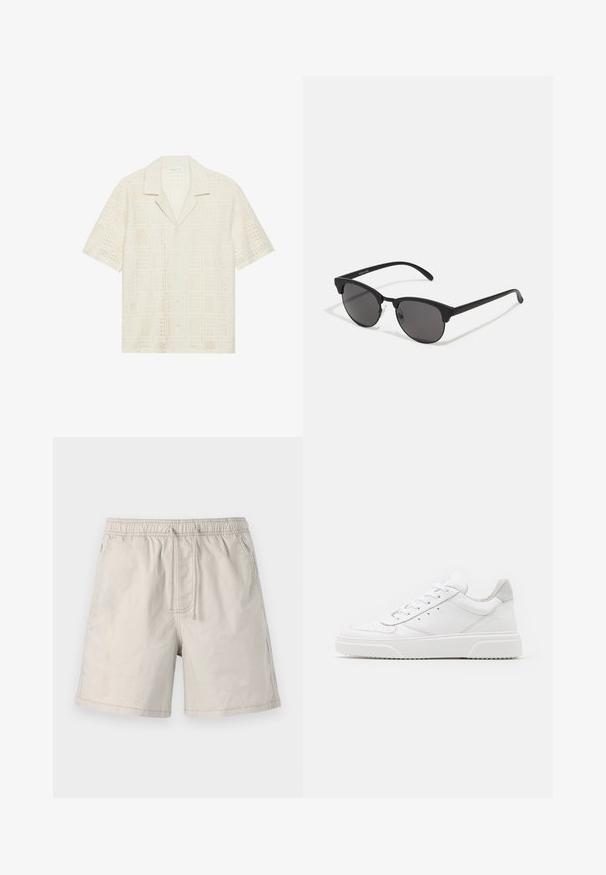 Košeľa s krátkym rukávom v svetlej krémovej farbe, s textúrovaným, perforovaným dizajnom so štvorcovými vzormi a špicatým golierom.; Bežové šortky vyrobené z ľahkej tkaniny, s elastickým pásom, šnúrkou a postrannými vreckami s kontrastným prešívaním.; Biele kožené tenisky s hladkým povrchom, zaoblenou špičkou, plochými šnúrkami a textúrovanou podrážkou. Sivý semišový akcent na päte.; Čierne slnečné okuliare s okrúhlymi šošovkami, matným povrchom a charakteristickým tvarom mačacích očí. Úzke ramená s nenápadným brandingom na ľvom chráničku.