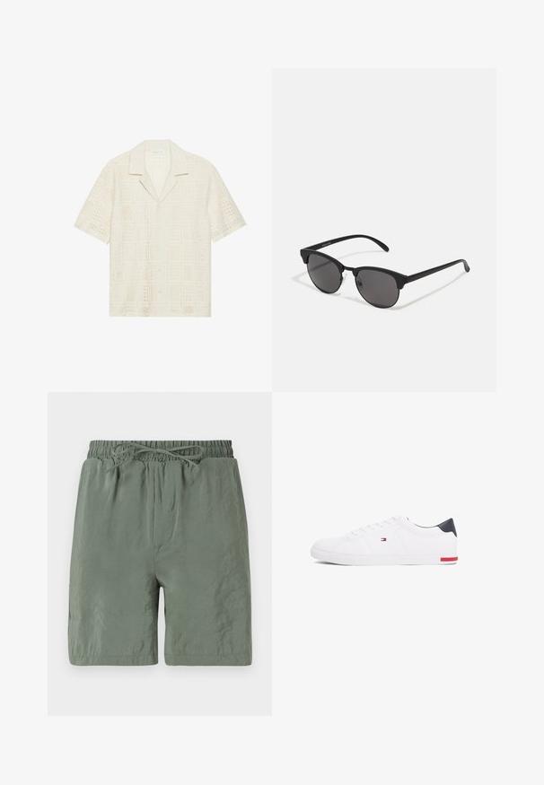 Kortermet skjorte i lys kremfarget stoff, med et teksturert, perforert design med firkantede mønstre og spiss krage.; Grønne svømmebukser med elastisk talje og snor, let materiale og glat overflade. Kort længde med sidelommer.; Hvite lave sneakers laget av glatt lær. Har en marineblå hælhette og en rød detalj på sålen. Seks hull til lisser.; Sorte solbriller med runde linser, matt finish og karakteristisk katteøyeform. Slanke armer med subtil merking på venstre tempel.