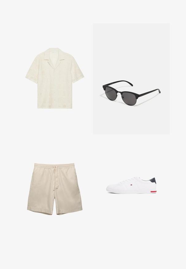 Camicetta a maniche corte in morbido tessuto crema chiaro, caratterizzata da un design testurizzato e perforato con motivi a squarci e colletto a punte.; Pantaloni corti beige in cotone con cintura elastica e cordoncino, dotati di due tasche laterali e una vestibilità comoda, con texture liscia.; Sneakers bianchi a punta bassa realizzati in pelle liscia. Presentano una tomaia blu navy sul tallone e un accento rosso sulla suola. Sei occhielli per i lacci.; Occhiali da sole neri con lenti rotonde, finitura opaca e forma distintiva a occhio di gatto. Astine sottili con un branding discreto sulla tempia sinistra.