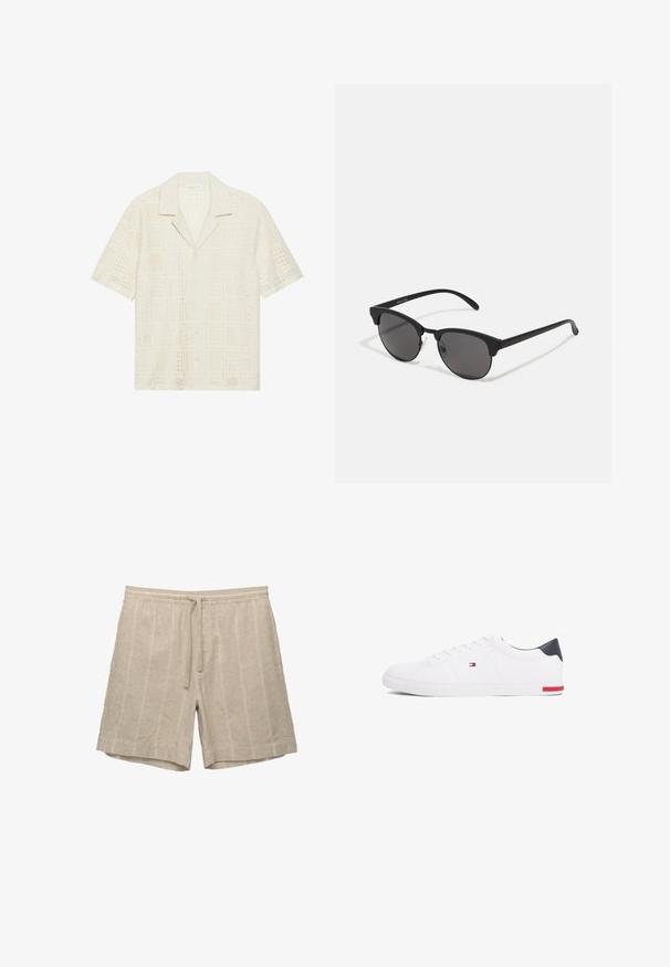 Košulja s kratkim rukavima od svijetlosmeđeg materijala, s teksturiranim, perforiranim dizajnom sa kvadratnim uzorcima i oštrim ovratnikom.; Bež lanene kratke hlače s horizontalnim prugama, elastičnim pojasom i vezicom, s opuštenim krojem i glatkom teksturom.; Bijele niske tenisice od glatke kože. Imaju mornarsko plavi kapica na peti i crvenu akciju na potplatu. Šest rupica za vezivanje.; Crne sunčane naočale s okruglim lećama, mat završetkom i specifičnim oblikom mačjih očiju. Tanke naramenice s diskretnim brendiranjem na lijevom hramu.
