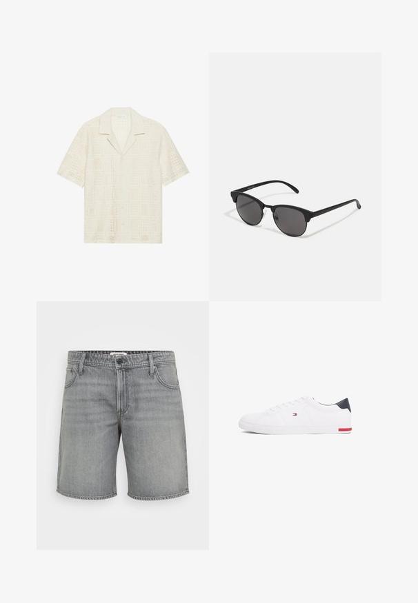 Košeľa s krátkym rukávom v svetlej krémovej farbe, s textúrovaným, perforovaným dizajnom so štvorcovými vzormi a špicatým golierom.; Sivé denimové šortky s klasickým strihom, piatimi vreckami a štandardným zapínaním na gombík a zips. Mierne vyblednutá textúra, čistý lem.; Biele nízkoprevádzkové tenisky vyrobené z hladkej kože. Majú námornícke zadočnú časť a červený akcent na podrážke. Šesť dierok na šnúrky.; Čierne slnečné okuliare s okrúhlymi šošovkami, matným povrchom a charakteristickým tvarom mačacích očí. Úzke ramená s nenápadným brandingom na ľvom chráničku.