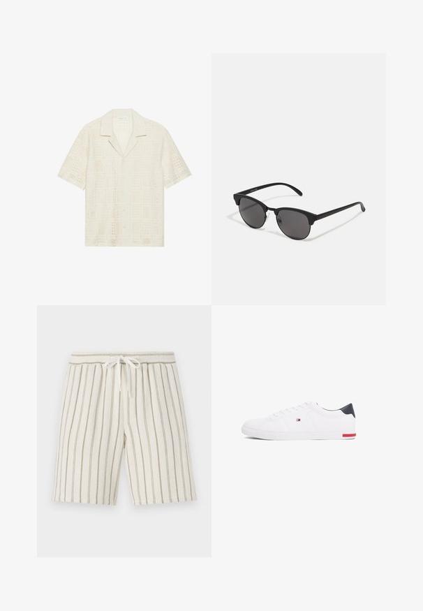 Kortärmad skjorta i ljus krämfärgad tyg, med en strukturerad, perforerad design med fyrkantiga mönster och spetsig krage.; Ljusbeige shorts med vertikala olivgröna ränder, tillverkade av textilier med struktur. Har ett elastiskt midjeband med snörning.; Vita låga sneakers i slätt läder. Har en marinblå hälkappa och en röd detalj på sulan. Sex öglor för snörning.; Svarta solglasögon med rundade linser, matt finish och tydlig cat-eye form. Smala skalmar med subtil logotyp på vänster skalmtempel.