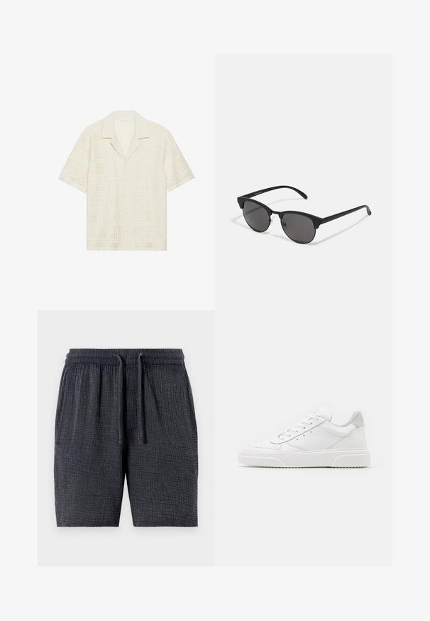 Kratek rokav srajca v svetlo kremni tkanini, ki se ponaša z teksturiranim, perforiranim dizajnom s kvadratnimi vzorci in koničastim ovratnikom.; Temno sive hlače iz teksturirane tkanine, z elastičnim pasom in vrvico ter stranskimi žepi.; Bele usnjene športne copate z gladkim zaključkom, okroglo konico, ravnimi vezalkami in teksturiranim podplatom. Sivi semiš detajl na peti.; Črne sončna očala z okroglimi lečami, mat površino in značilno obliko mačjih oči. Tanke nogice z diskretnim logotipom na levem templju.