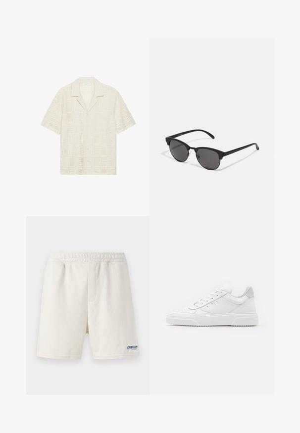 Košile s krátkým rukávem ze světle krémové látky, s texturovaným perforovaným designem se čtvercovými vzory a špičatým límcem.; Krémové šortky vyrobené z měkkého bavlněného směsového materiálu, s elastickým pasem a modrým logem na dolní levé straně.; Bílé kožené tenisky s hladkým povrchem, zaoblenou špičkou, plochými tkaničkami a texturovanou podrážkou. Šedý semišový detail na patě.; Černé sluneční brýle s kulatými skly, matným povrchem a charakteristickým tvarovým kočičím okem. Úzké nožičky s nenápadným logem na levém rámu.