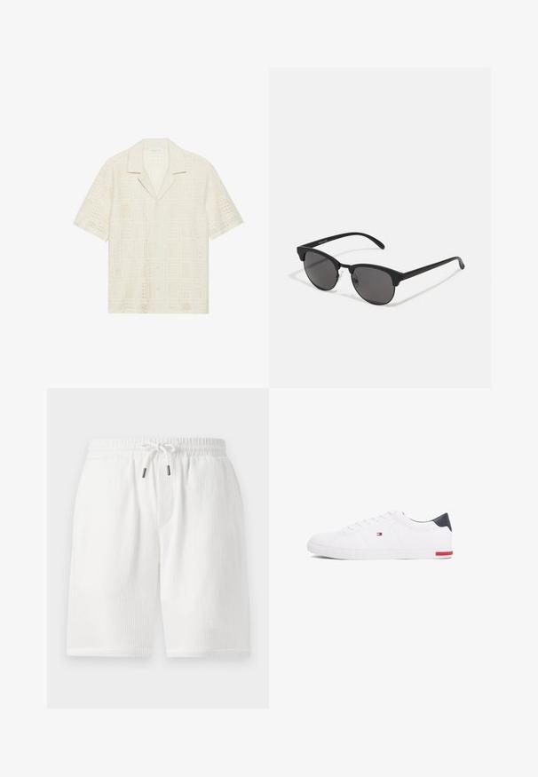 Košulja s kratkim rukavima od svijetlosmeđeg materijala, s teksturiranim, perforiranim dizajnom sa kvadratnim uzorcima i oštrim ovratnikom.; Bijele, teksturirane kratke hlače s elastičnim pojasom, zatvaranjem na vezicu, bočnim džepovima i opuštenim krojem. Pogodne za svakodnevno nošenje.; Bijele niske tenisice od glatke kože. Imaju mornarsko plavi kapica na peti i crvenu akciju na potplatu. Šest rupica za vezivanje.; Crne sunčane naočale s okruglim lećama, mat završetkom i specifičnim oblikom mačjih očiju. Tanke naramenice s diskretnim brendiranjem na lijevom hramu.