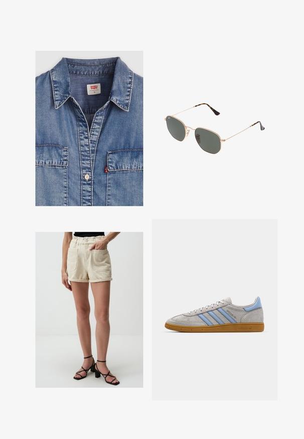 Chemise en denim bleu clair avec un col pointu, deux poches avant, fermeture à boutons et détails de coutures contrastantes. L'étiquette indique "Levi's".; Shorts en denim beige avec une taille élastique, deux poches avant et des ourlets retournés. Associés à des sandales à talons noires à lanières.; Baskets en suède gris avec des rayures bleu clair, semelle en caoutchouc caramel et accents de logo. Design basse avec bout rond et fermeture à lacets.; Lunettes de soleil en métal doré avec des verres vert foncé, de style aviateur, dotées de branches fines et d'accents en écaille de tortue sur les embouts.