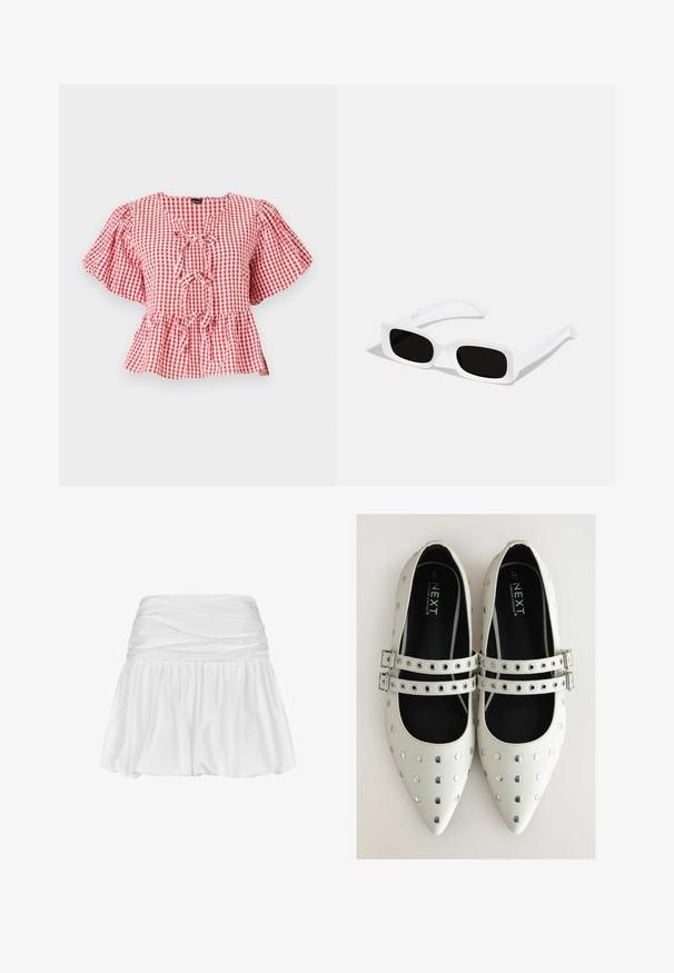 Rood-wit geruite blouse met puffmouwen, een strikdetail bij de hals en een peplum-zoom. Gemaakt van lichtgewicht stof.; Witte mini-rok met een geplooide tailleband, vloeiende A-lijn vorm, gladde stoftextuur en gerimpelde zoom voor extra volume en bewegingsvrijheid.; Witte leren platte schoenen met spitse neuzen, voorzien van zilveren studs en twee gespsluitingen over de wreef. Zwarte binnenvoering.; Witte rechthoekige zonnebril met zwarte lenzen, voorzien van een matte afwerking en een gladde textuur. De armen zijn slank en licht gebogen.
