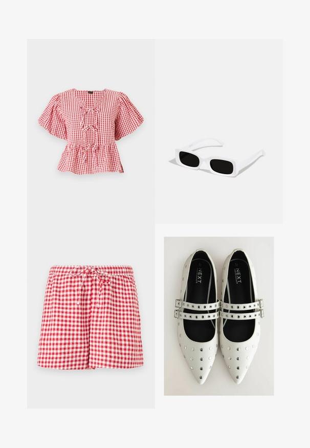 Rot-weißer karierter Bluse mit Puffärmeln, einer Krawattendetail am Hals und einem Peplum-Saum. Hergestellt aus leichtem Material.; Rote und weiße Gingham-Shorts mit einem elastischen Bund und Kordelzug. Sie haben eine lockere Passform und gesäumte Kanten. Der Stoff wirkt leicht.; Weiße Lederflachschuhe mit spitzen Zehen, ausgestattet mit silbernen Nieten und zwei Riemen mit Schnallen über dem Spann. Schwarze Innenausstattung.; Weiße rechteckige Sonnenbrillen mit schwarzen Gläsern, ausgestattet mit einer matten Oberfläche und glatter Textur. Die Bügel sind schlank und leicht gebogen.