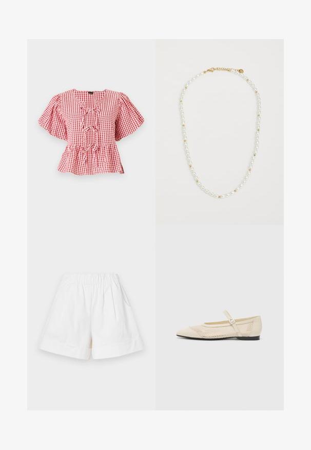 Bluza s kariranim uzorkom u crvenoj i bijeloj boji, s napuhanim rukavima, detaljem za vezanje na vratu i peplum rubom. Izrađena od lagane tkanine.; Bijele pamučne šortse s elastičnom trakom u struku, dva bočna džepa i preklopljenim rukavima. Plisirani dizajn dodaje teksturu i dimenziju.; Bež baletanke s izrezanim vrhom, mrežastim dizajnom preko i kopčom sa strane. Ravni potplat s glatkom teksturom.; Narukvica od bisera sizmom bijelih ovalnih bisera i malih zlatnih perlica, s zlatnom kopčom za zatvaranje. Glatka tekstura ukupno.