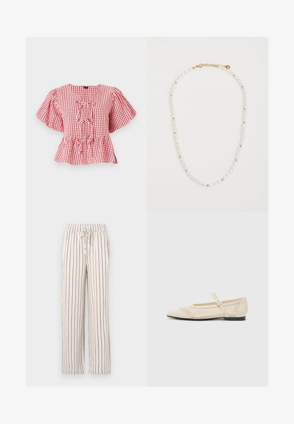 Punase ja valge ruuduline pluus, puffvarrukatega, kaelal lipsudetail ja peplum alläär. Valmistatud kergetest kangast.; Lina püksid vertikaalsete tumesiniste triipudega, elastne vöökoht ja kinnitusköied. Lõdvad, sirged jalad ja pehme tekstuur.; Beesidised baleriinid terava ninaga, silmahaste disainiga ülevõime ja külgklambriga. Tasane tald sujuva tekstuuriga.; Pärlite kaelakee, kus vahelduvad valged ovaalsed pärlid ja väikesed kuldsed helmed, millel on kuldne lukk. Üldine pind on sile.