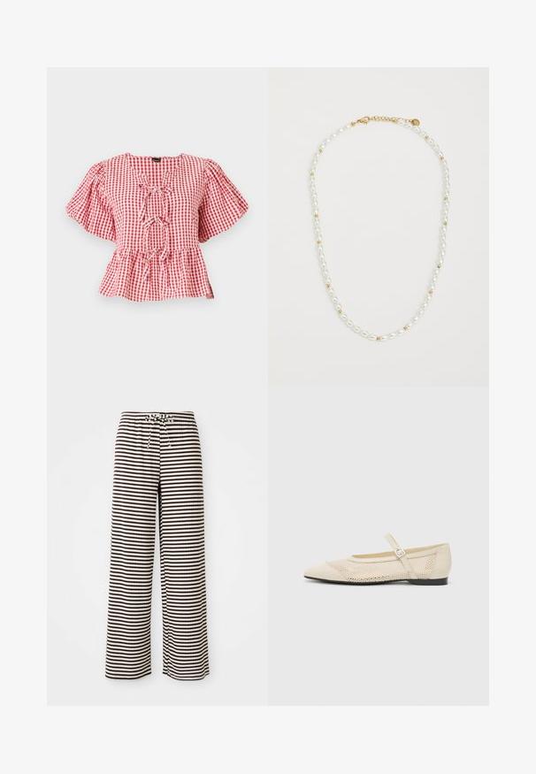 Red and white checked blouse with puff sleeves, a tie detail at the neck, and a peplum hem. Made of lightweight fabric.; Striped pajama pants with a relaxed fit, made of soft fabric. Features alternating brown and cream horizontal stripes, and elastic waistband with drawstring.; Beige ballet flats with a pointed toe, a mesh design overlay, and a side buckle strap. Flat sole with a smooth texture.; Pearl necklace with alternating white oval pearls and small gold beads, featuring a gold clasp for fastening. Smooth texture overall.