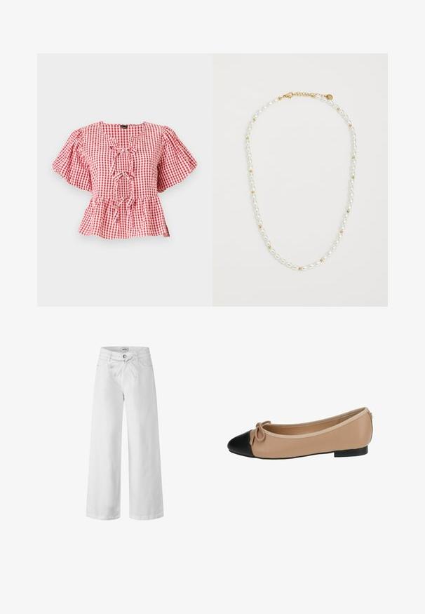 Punainen ja valkoinen ruudullinen paita, jossa on puffihihat, solmittava yksityiskohta kaulassa ja peplum-helma. Valmistettu kevyestä kankaasta.; Valkoiset leveälahkeiset farkut, joissa on nyörikiinnitysvyötärö, etutaskut ja napitus. Sujuva pinta ja yksinkertainen muotoilu.; Beige nahka ballet-tossut, joissa on musta kärki. Ominaisuuksiin kuuluu edessä oleva nauhakulma ja sileä pinta. Matala profiili, jossa on kumipohja.; Helminauha, jossa on vuorottelevia valkoisia soikeita helmiä ja pieniä kultasiemeniä, kultasulkimeen kiinnitettävä. Yleisvaikutelma on sileä.