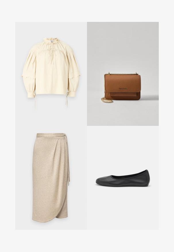 Hofmann Copenhagen SHARON mleczny; Beżowa spódnica o kroju kopertowym, wykonana z miękkiego, teksturowanego materiału z subtelnym połyskiem. Posiada zawiązywany pas oraz drapowaną konstrukcję z delikatnie zaokrąglonym dołem.; Czarne skórzane baletki z zaokrąglonym noskiem, gładką fakturą, minimalnymi przeszyciami i elastycznym designem podeszwy.; Brązowa skórzana torba na ramię z teksturą, z złotym łańcuszkiem i zapięciem na klapkę. Z przodu znajduje się detal z logo oraz kieszeń pod klapką.
