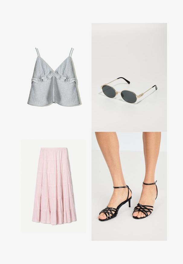 Prazna bluzica z navpičnimi črtami v modri in beli barvi, ki ima naguban rob spredaj in tanke naramnice, ter obliko V-izreza.; Svetlo roza, večerna krila s sloji iz teksturirane, lahke tkanine. Elastika v pasu in padajoči rob z nabrano obrobo.; Črne sandale z visokim petami in naramnicami iz sijočega materiala. Naramnica okoli gležnja z zaponko. Odprt model z detajli v obliki križanja.; Zlate sončne očala z ovalnimi lečami in temnimi lečami. Črne acetatne konice na ročajih. Ime blagovne znamke "QUAY" na strani.; Rdeča usnjena torba za ramo z ukrivljeno obliko, gladko teksturo in zadrgo. Ima tanek ročaj za nošenje.