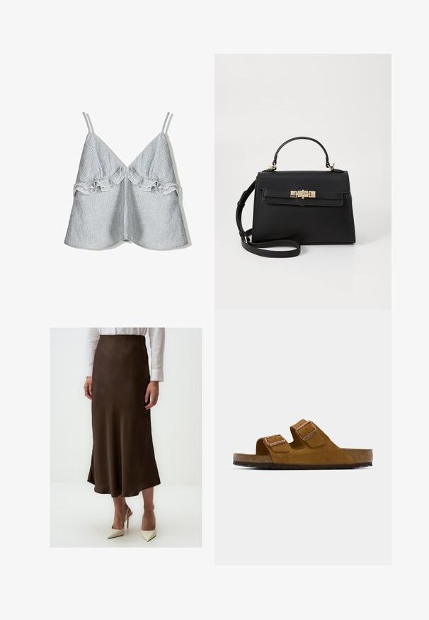 Haut en tissu rayé bleu et blanc, avec un ourlet volanté sur le devant et de fines bretelles, doté d'un décolleté en V.; Jupe midi en satin marron avec une texture lisse, un design légèrement évasé et une fente sur le côté. Portée avec une chemise blanche à boutons et des escarpins crème.; Sandale à glissière en daim brun avec deux lanières réglables, semelle intérieure en liège et semelle en caoutchouc texturé. Design minimaliste sans embellissements supplémentaires.; Sac à main en cuir noir avec un design structuré, une poignée supérieure, une bandoulière amovible et des accessoires en métal doré. Il dispose d'une fermeture à l'avant avec un fermoir.