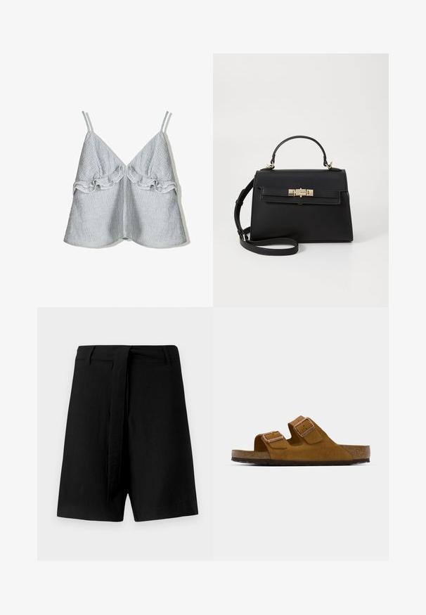 Striped fabric top in blue and white, featuring a ruffled trim along the front and thin shoulder straps, with a V-neck design.; Black linen shorts with a high waist, featuring a fabric tie belt and side pockets, smooth texture, and a loose-fitting design.; Brown suede slide sandal with two adjustable straps, cork footbed, and a textured rubber sole. Minimalist design with no additional embellishments.; Black leather handbag with a structured design, top handle, detachable shoulder strap, and gold-toned hardware. Features a front clasp closure.
