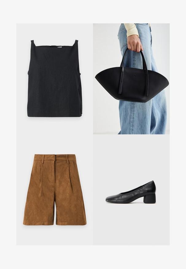 Melna, bez piedurknēm augšdaļa, izgatavota no viegla materiāla. Kastes formas dizains ar apaļu kakla izgriezumu un šaurām plecu siksniņām. Gluda tekstūra, minimāla apdare.; Brūni suede šorti ar gludu faktūru, ar priekšu izliekumiem, plakanu jostu un taisnu griezumu.; Melna ādas kurpe ar noapaļotu purngalu un vidēja izmēra blokkāju. Gluda tekstūra ar minimāliem dekoriem, ar delikātu elastīgu atveri.; Melnas ādas rokassoma ar unikālu ventilatora formu, aprīkota ar plakaniem rokturiem. Virsma ir ar graudainu faktūru un minimālistisku dizainu.