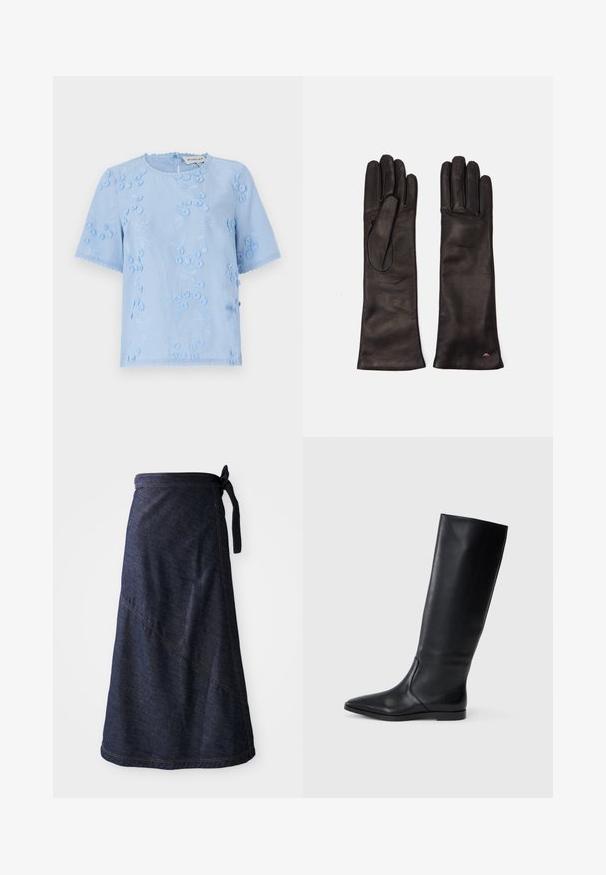 Bluză scurtă, de culoare albastru deschis, cu broderie florală, accente texturate și margini zimțate. Decolteu rotund cu închidere cu buton la spate.; Fustă din denim albastru închis, cu o croială tip wrap și talie legată, având cusături diagonale și o textură netedă. Lungimea se extinde până just sub genunchi.; Cizmă din piele neagră, până la genunchi, cu vârf ascuțit și un design minimalist. Textură netedă și talpă plată, având detalii discrete de cusătură pe lateral.; Weekend Max Mara SENAPE - Mănuși - nero