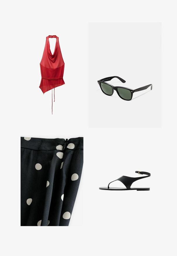 Punainen hihaton paita, jossa on laskostettu kaula-aukko, epäsymmetrinen helma ja solmukohta vyötäröllä. Valmistettu kevyestä, läpikuultavasta kankaasta.; Musta kangas suurte kreemjate täppidega; sile tekstuur, voolav disain ja lukuga sulgemine peal.; Mustat litteät sandaalit, joissa on minimaalinen muotoilu, yhdellä hihnalla ja nilkkasoljella. Valmistettu sileästä materiaalista, jossa on litteä pohja.; Mustat muoviset aurinkolasit, joissa on vihreät linssit, neliönmuotoiset kehykset, hopeinen yksityiskohta kulmakarvojen kohdalla sekä tekstuuriset temppeleiden varret. Brändi ilmoitettu sisävarsissa.