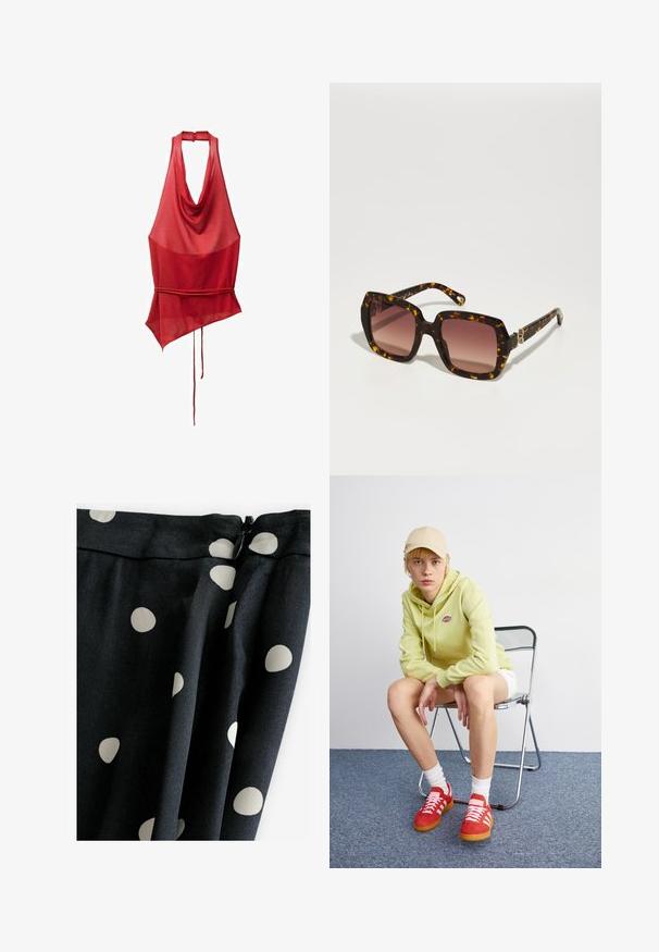 Top rosso senza maniche con scollo drappeggiato, orlo asimmetrico e dettaglio a cravatta in vita. Realizzato in un tessuto leggero e trasparente.; Tessuto nero con grandi pois crema; texture liscia, design drappeggiato e chiusura con zip nella parte superiore.; Felpa verde chiaro con logo, pantaloni corti bianchi, scarpe rosse con strisce bianche, seduto su una sedia pieghevole in cromo contro uno sfondo neutro.; CHLOÉ Occhiali da sole - havana/red; Borsa a tracolla in pelle nera con design curvo, hardware color oro e manico superiore. Caratterizzata da una chiusura elegante e una superficie liscia.