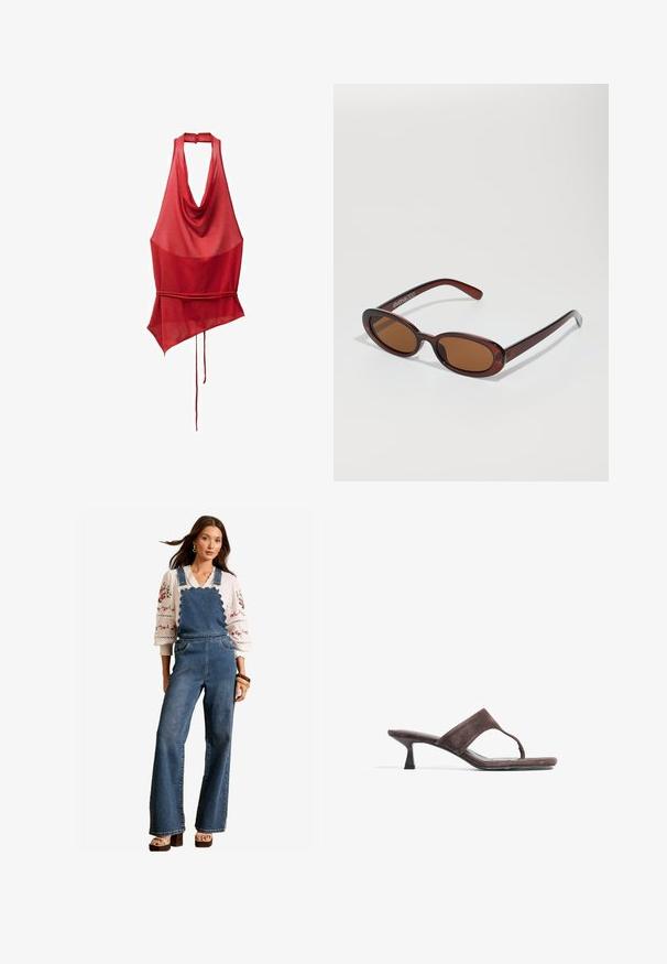 Red sleeveless top featuring a draped neckline, asymmetric hem, and tie detail at the waist. Made from a lightweight, sheer fabric.; Denim overalls with a scalloped design at the bib, flared legs, and side pockets. Paired with a white embroidered blouse and wooden accessories.; Brown suede slide sandals with a thong strap, low kitten heel, and a smooth, flat sole. Minimalist design with a sleek silhouette.; Round, brown-tinted sunglasses with a glossy burgundy frame. Slim arms with subtle branding detail. Flat lens design.