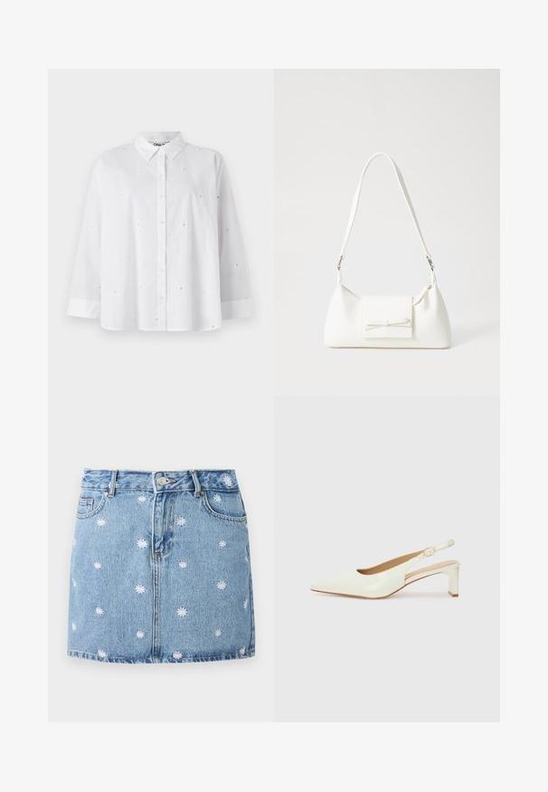 Valkoinen nappikauluspaita, joka on valmistettu kevyestä kankaasta, jossa on pieniä sydämenmuotoisia aukkoja, pitkät hihat ja klassinen kaulus.; Vaaleansininen farkuhame, jossa on valkoisia brodeerattuja kukkakuoseja, viisi taskua ja nappikiinnitys edessä, suoran, mini-pituuden leikkaus.; Valkoinen patenttilahja slingback-kengä, jossa on terävä kärki ja matala lohkokorko. Varustettu huomaamattomalla hihnalla, jossa on kultasävyinen solkiyksityiskohta.; Valkoinen synteettinen käsilaukku, jossa on kolmikulmainen muoto, tasainen etu läppä ja nauhadetail, säädettävä olkahihna, sileä rakenne ja minimalinen muotoilu.