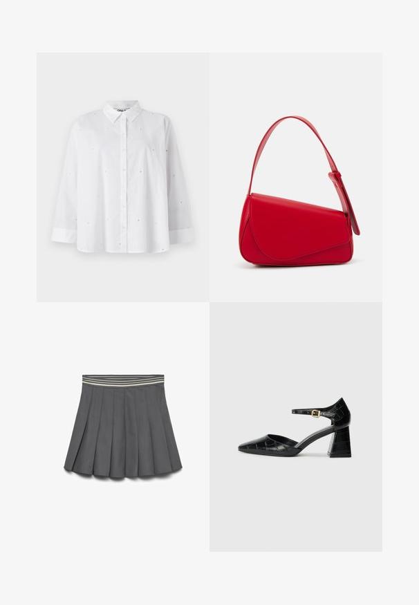 Balta krekla ar pogām, izgatavota no viegla auduma, ar maziem sirds formas izgriezumiem, garām piedurknēm un klasisku apkakli.; Tumši pelēkas svārki ar krokām un svītrainu elastīgu jostasvietu gaišos un tumšos toņos, izklāti uz balta fona.; Melnas patentētas ādas augstpapēžu kurpes ar norādītu pirkstu, potītes siksnu un teksturētu krokodila rakstu. Kvadrātveida bloka papēža dizains.; Sarkans ādas rokassomi ar stūrainu, ģeometrisku dizainu. Iekļauj vienu regulējamu siksnu un vāku ar izšūtu detaļu.