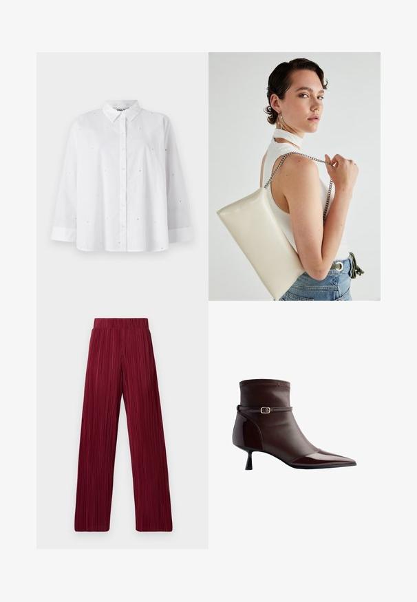White button-up shirt made of lightweight fabric, featuring small heart-shaped cutouts, long sleeves, and a classic collar.; Maroon pleated wide-leg pants with an elastic waistband. Textured fabric features vertical stripes. Straight cut to the hem.; Brown leather ankle boot with pointed toe, small kitten heel, and a thin strap with a small gold buckle around the ankle.; White rectangular clutch bag made of glossy material, featuring a silver chain strap. Model poses, showcasing the bag against a plain background.