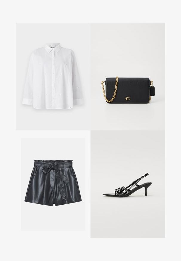 White button-up shirt made of lightweight fabric, featuring small heart-shaped cutouts, long sleeves, and a classic collar.; Black leather shorts with a high waist, elastic band, removable tie belt, and sleek texture. Features a flat front and side pockets.; Black slingback high-heel shoe with a pointed toe, featuring multiple narrow straps and circular accents across the front.; Black leather crossbody bag with a textured surface, gold chain strap, and a small tag. Features a prominent logo on the front.