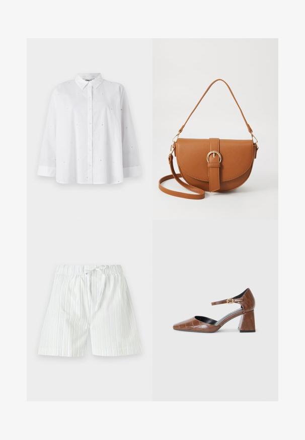 Bílá košile s dlouhými rukávy vyrobená z lehkého materiálu, s malými výřezmi ve tvaru srdce a klasickým límečkem.; Pánské šortky vyrobené z lehkého materiálu, s vertikálními pruhy v světle modré a bílé barvě, s elastickým pasem a šňůrkou na stažení.; Hnědé lakované dámské lodičky se čtveratou špičkou, texturovaným krokodýlím vzorem, kotníkovým páskem se zlatou přezkou a masivním podpatkem.; Hnědá kožená křížová taška s zakřiveným tvarem, zlatými detaily a akcentem s přezkou. Obsahuje odnímatelný popruh na rameno.