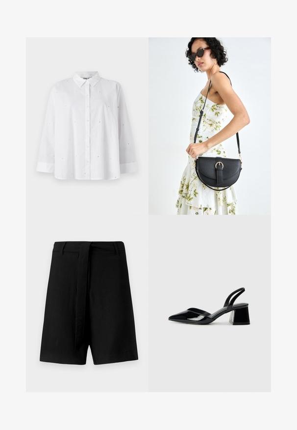 White button-up shirt made of lightweight fabric, featuring small heart-shaped cutouts, long sleeves, and a classic collar.; Black linen shorts with a high waist, featuring a fabric tie belt and side pockets, smooth texture, and a loose-fitting design.; Black patent leather slingback heels with a pointed toe and a geometric block heel. Features a sleek, minimal design and smooth texture.; Black leather handbag with a curved shape, detachable strap, and gold hardware. The bag features a flap with a buckle detail.