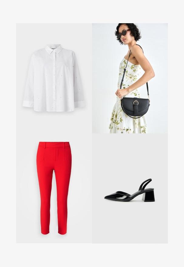 Camisa branca de botões feita de tecido leve, com pequenos recortes em forma de coração, mangas longas e um colarinho clássico.; Object OBJLISA - Chinos - flame scarlet; Sandy em verniz preto com salto slingback, ponta afilada e salto geométrico. Apresenta um design elegante e minimalista com textura suave.; Bolsa de couro preta com forma curva, alça destacável e detalhes em dourado. A bolsa possui uma aba com detalhe de fivela.