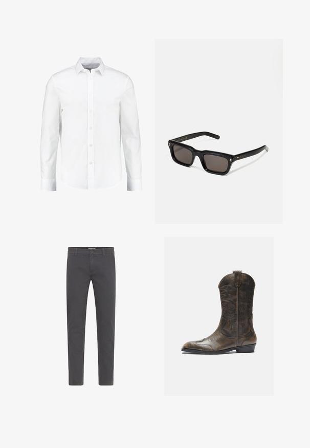 White long-sleeve button-up shirt made from smooth cotton. Features a classic collar and button-front closure with a straight hem.; Gray, slim-fit trousers made from soft cotton. Features a button closure, belt loops, and a clean, streamlined design. No visible patterns.; Brown leather cowboy boot with a tall shaft, pointed toe, intricate stitching patterns, and a small heel. Textured finish throughout.; Black rectangular sunglasses with dark lenses, thick plastic frame, gold accents on temples, and brand logo engraved on the arm.