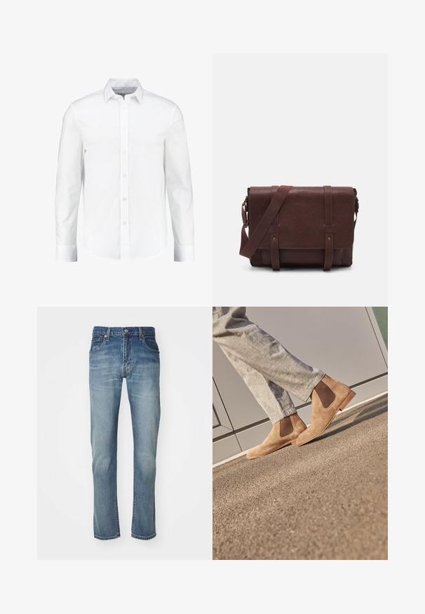 Fehér, hosszú ujjú, gombos ing sima pamutból készült. Klasszikus gallérral és gombos elülső zárással rendelkezik, egyenes szegéllyel.; Kék farmernadrág egyenes szárú szabással, kifakult mosással, öt zsebből és fém gombos záródással a deréknál.; Barna velúr Chelsea csizma, elasztikus oldalsó panelek és sima színezett gumitalp jellemzi, világosszürke nadrággal egy texturált felületen párosítva.; Barna bőr válltáska, lapos elülső fedéllel, két pánttal, arany színű fém kiegészítőkkel és állítható vállpánttal.