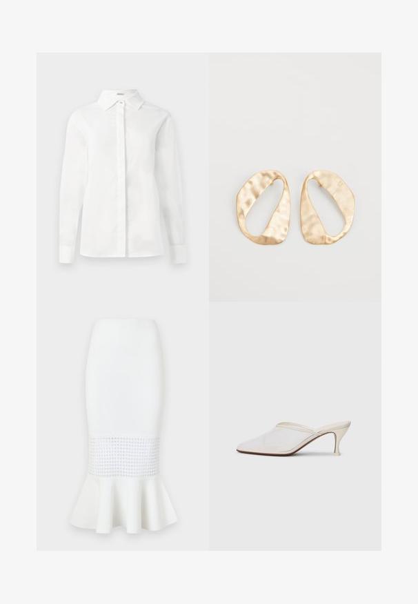 Weißes Langarmhemd aus glattem Baumwollstoff, mit spitzem Kragen, zentraler Knopfleiste und gerade geschnittenem Saum mit geknöpften Manschetten.; Weißer Midirock aus geripptem Stoff, mit einem Netzpanel am Saum und einem ausgestellten Saum. Glatte Textur mit runden Ausschnitten.; Weiße Mesh-Pantoletten mit spitzer Zehenform, schlankem Mittelabsatz und Slip-On-Design vor einem schlichten Hintergrund.; Ein Paar unregelmäßige, oval geformte Ohrringe aus goldfarbenem Metall mit einer strukturierten, leicht gehämmerten Oberfläche auf weißem Hintergrund.