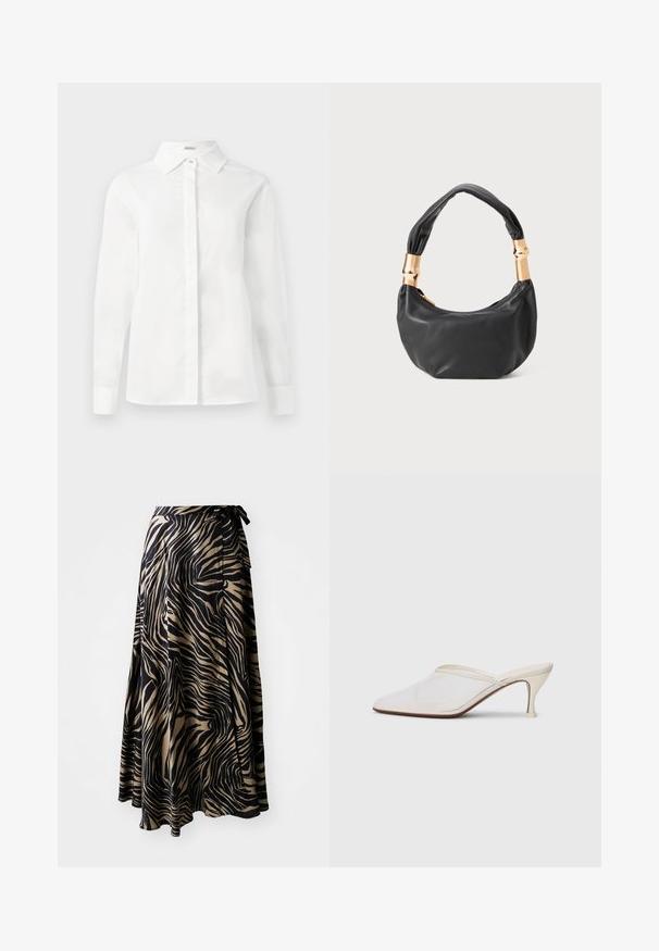 Weißes Langarmhemd aus glattem Baumwollstoff, mit spitzem Kragen, zentraler Knopfleiste und gerade geschnittenem Saum mit geknöpften Manschetten.; Wickelrock im schwarz-beigen Zebramuster. Hergestellt aus leichtem Stoff mit fließendem Design, ausgestattet mit einem Bindegürtel und asymmetrischem Saum.; Weiße Mesh-Pantoletten mit spitzer Zehenform, schlankem Mittelabsatz und Slip-On-Design vor einem schlichten Hintergrund.; Schwarze Lederhandtasche mit runder Form, weicher Textur und einem geknoteten Griff mit goldfarbenen Hardware-Akzenten. Reißverschlussverschluss.