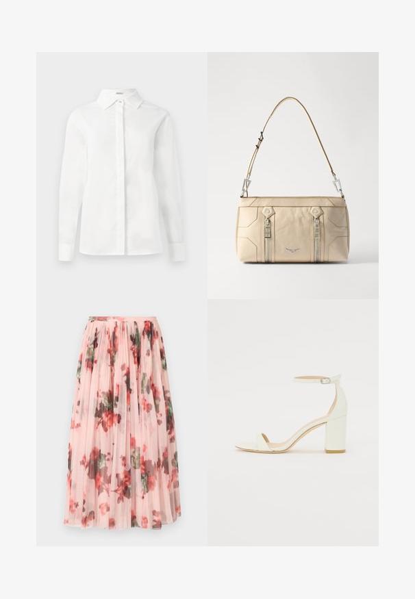 Balta ilgomis rankovėmis marškiniai, pagaminti iš lygaus medvilnės, su smailiu apykaklės dizainu, centriniais užsegamais mygtukais ir tiesiu apatinio krašto bei mygtukais užsegamomis rankovėmis.; Tinkle sijonas su švelniai rožine baze, papuoštas raudonais ir žaliais gėlių raštais. Medžiaga yra permatoma, su sukauptomis klostėmis ties juosmeniu.; Baltos odos blokinio kulno sandalai, su kulkšnies dirželiu ir sagtimi, minimalistinio dizaino. Atvira pirštų dalis ir sklandžios tekstūros visoje. ; Smėlio spalvos odinė rankinė su sidabriniais aksesuarais, dviem šoninėmis užtrauktukais, struktūruota dizaino forma ir nuimama petneša, suteikianti universalumą.