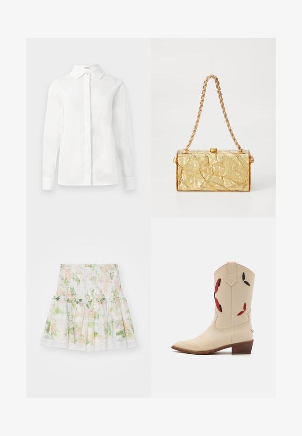 Bílá košile s dlouhými rukávy vyrobená z hladké bavlny, vybavená špičatým límcem, centrálním knoflíkovým zapínáním a rovně střiženým lemem s knoflíkovými manžetami.; Sukně s květinovým potiskem vyrobená z lehkého materiálu. Má smockovaný pas, volánkový lem a krajkové detaily. Barvy zahrnují růžovou, zelenou a bílou.; Béžová kožená kovbojská botka s špičatou špičkou, nízkým hromadným podpatkem a dekorativními červenými a černými květinovými aplikacemi na holeně.; Zlatá kabelka s mačkanou strukturou a obdélníkovým tvarem, s řetízkem na nošení a sponou na zavření nahoře. Hladký, lesklý povrch.